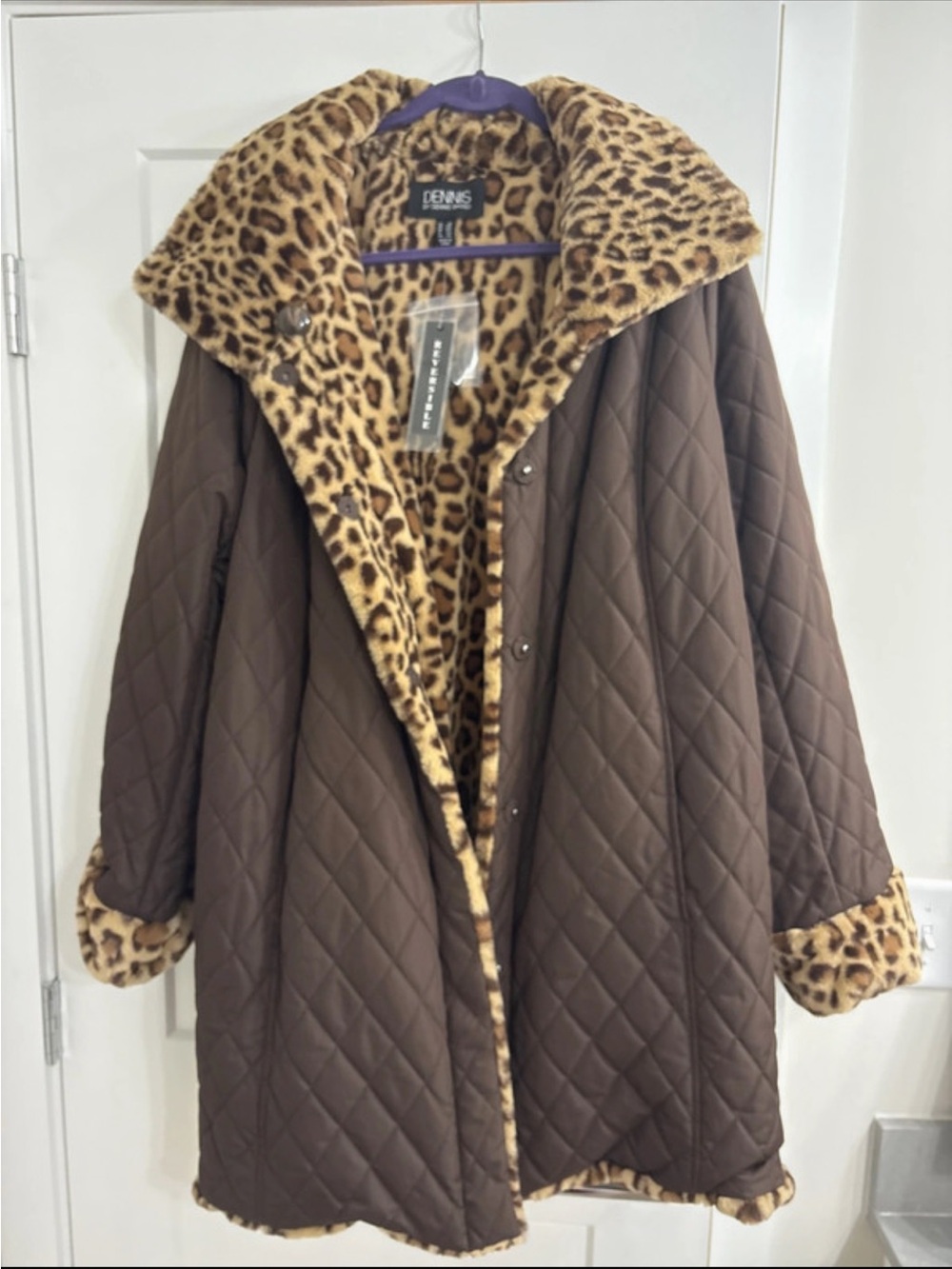 Dennis Basso Reversible Brown Quilted Coat with Leopard Faux-Fur. Size XXL. New